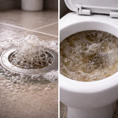 água a voltar pelo ralo devido a esgoto entupido