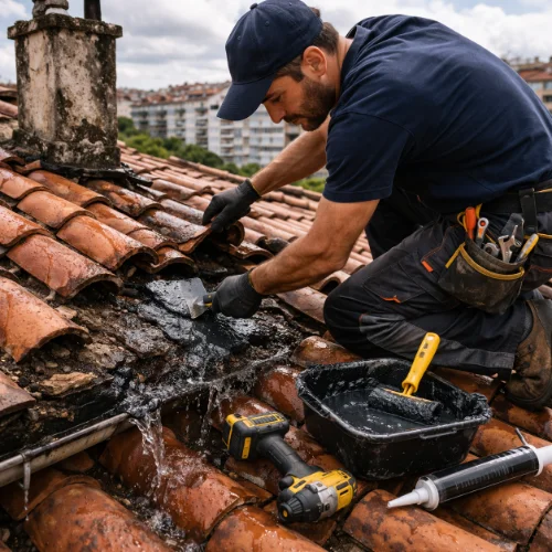 reparação de infiltrações no telhado lisboa com técnico a trabalhar
