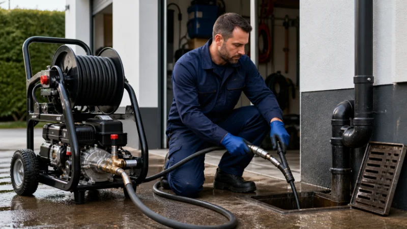 equipamento profissional de desentupimento em ação